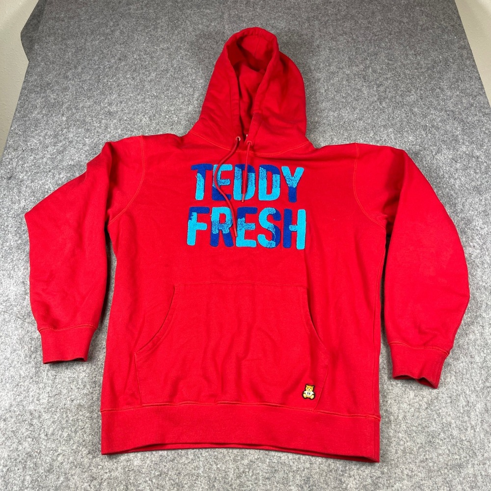 Teddy Fresh Mens Red Chenille Logo Hoodie‎ Large Streetwear Cotton Pullover